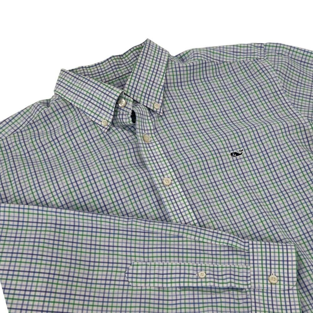 Vineyard Vines Slim Fit Whale Shirt Mens XL Green Blue Tattersall Check Cotton
